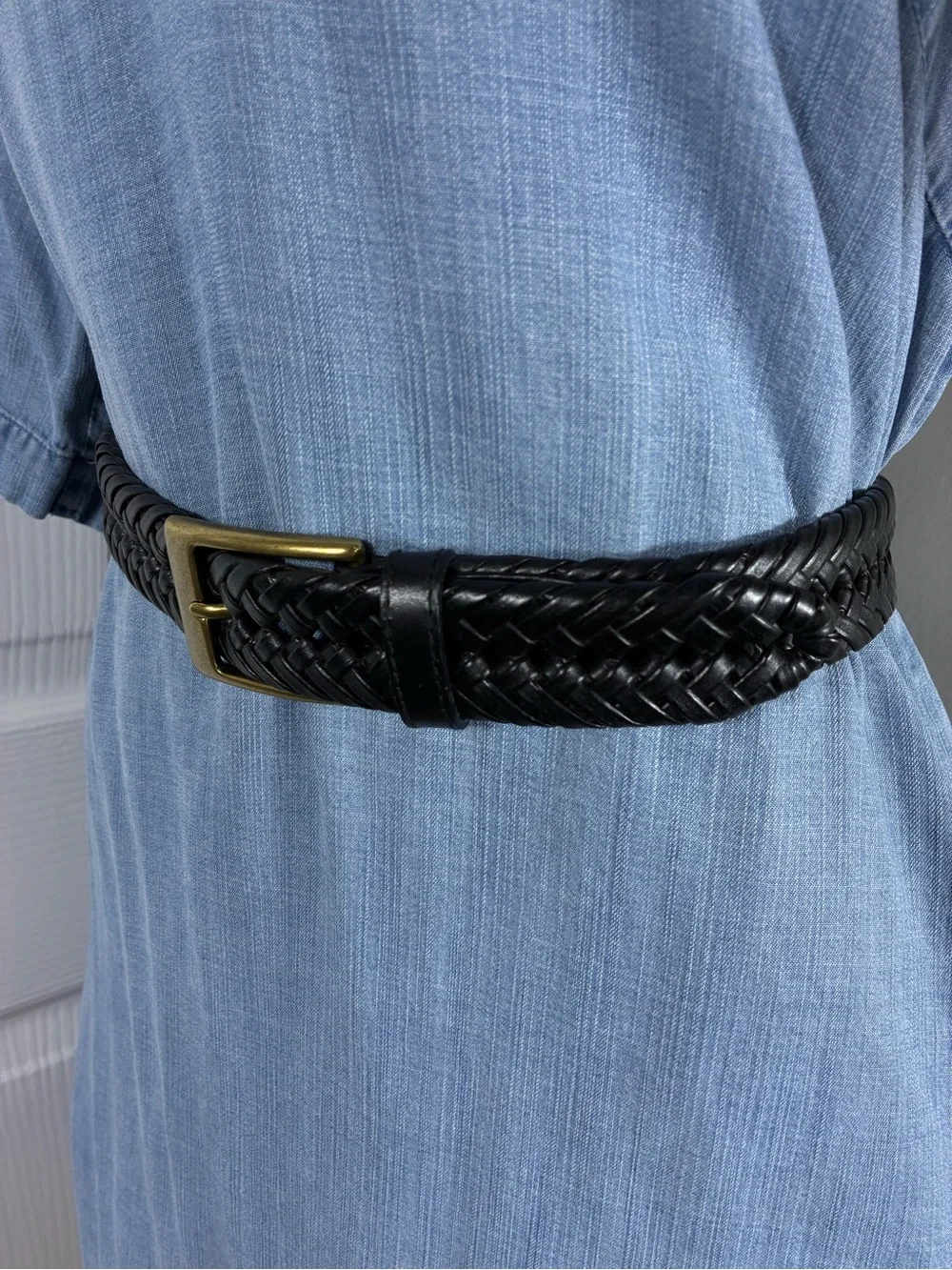 Dockers Mens Belt Sz 44 Braided Black Leather with Brass Buckle